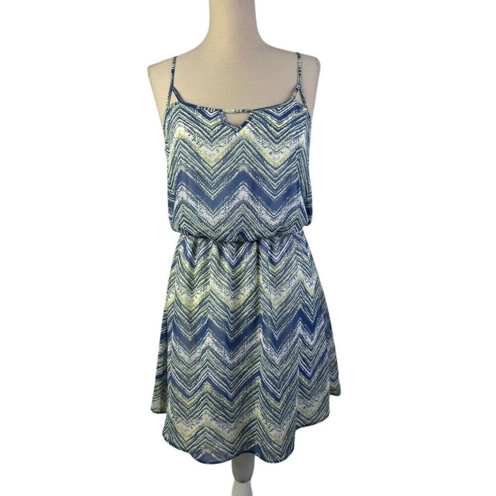 GUESS Chevron Print Spaghetti‎ Strap Summer Mini Dress Blue White Yellow M/M